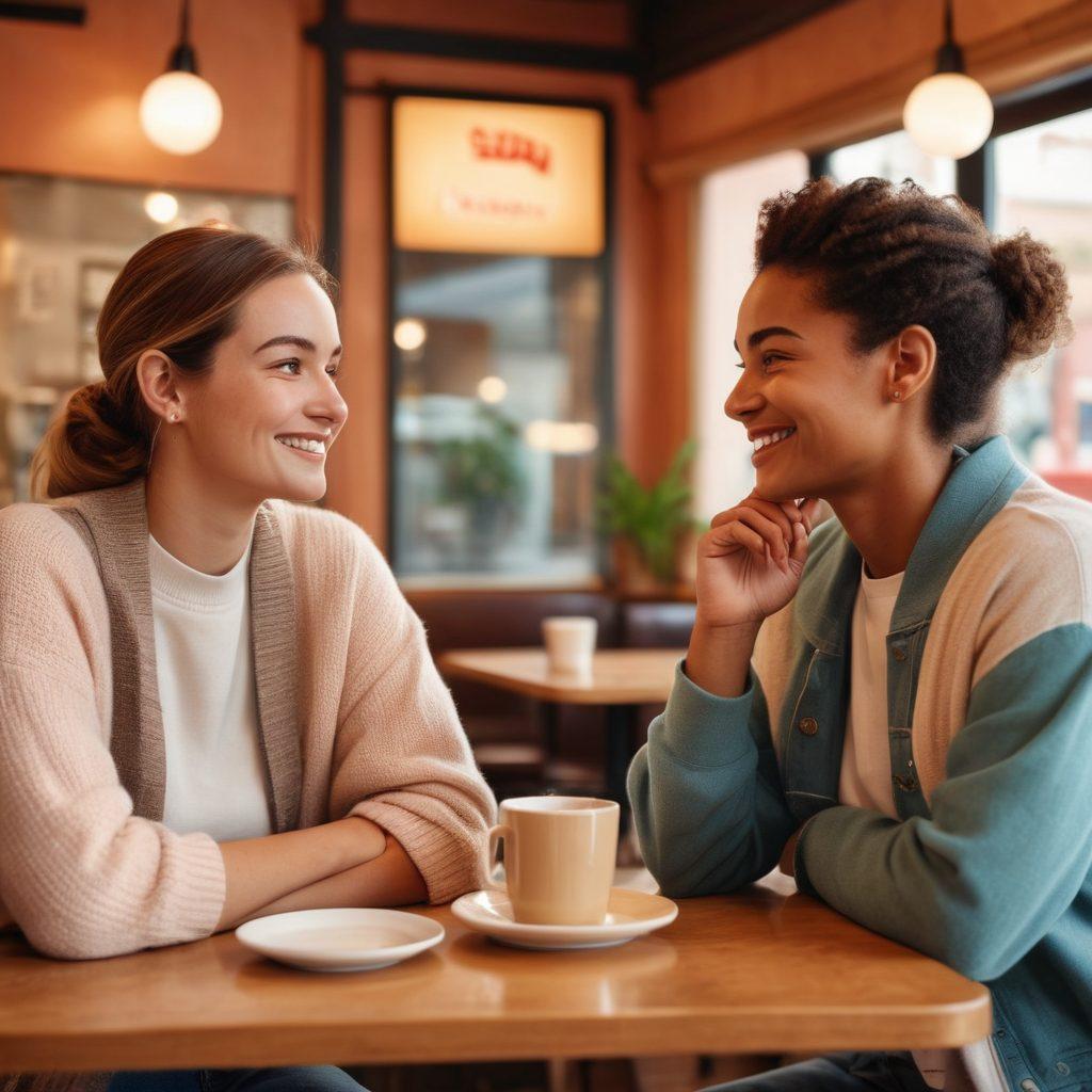 An open dialogue between two diverse characters sitting in a cozy café, showcasing warm smiles and engaging hand gestures. The background features soft, inviting colors with hints of thought bubbles and symbols representing connection, understanding, and empathy. Emphasize the power of communication through expressive facial features and body language. super-realistic. warm tones. cozy atmosphere.