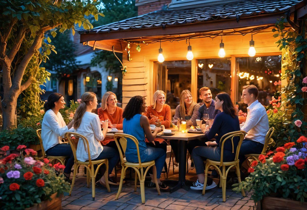 A vibrant scene depicting a diverse group of people engaging in heartfelt conversations in a cozy outdoor café, surrounded by colorful flowers and soft lighting. In the background, a subtle heart shape formed by intertwining vines symbolizes connection and affection. Everyone is smiling, showcasing genuine emotions and a sense of community. Illustrate warmth and understanding through soft, inviting colors and a light, cheerful atmosphere. super-realistic. vibrant colors. warm lighting.