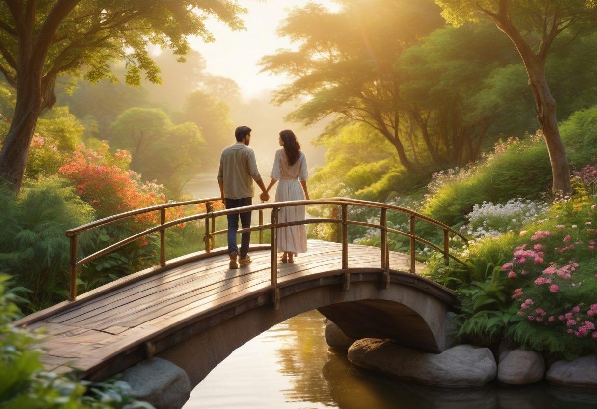 A serene landscape depicting two diverse figures, one representing friendship and the other romance, walking hand in hand across a beautifully crafted bridge, symbolizing connection. The background features lush greenery and blooming flowers, signifying growth and affection, while warm golden light filters through the trees creating a magical atmosphere. super-realistic. vibrant colors. soft focus.